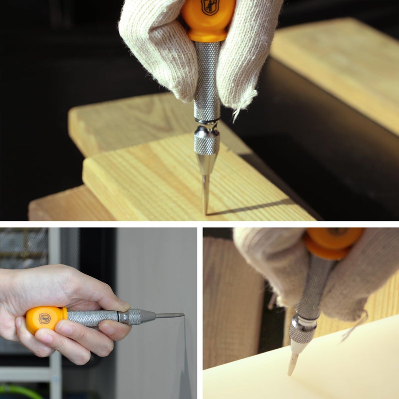 MulWark 5" Spring-Loaded Automatic Steel Center Hole Punch Marker Scriber for Wood, Metal, Plastic, Car Window Puncher Breaker Tool-with Palm Cushion Cap, Adjustable Impact-A Replacement Tip Included - Image 4